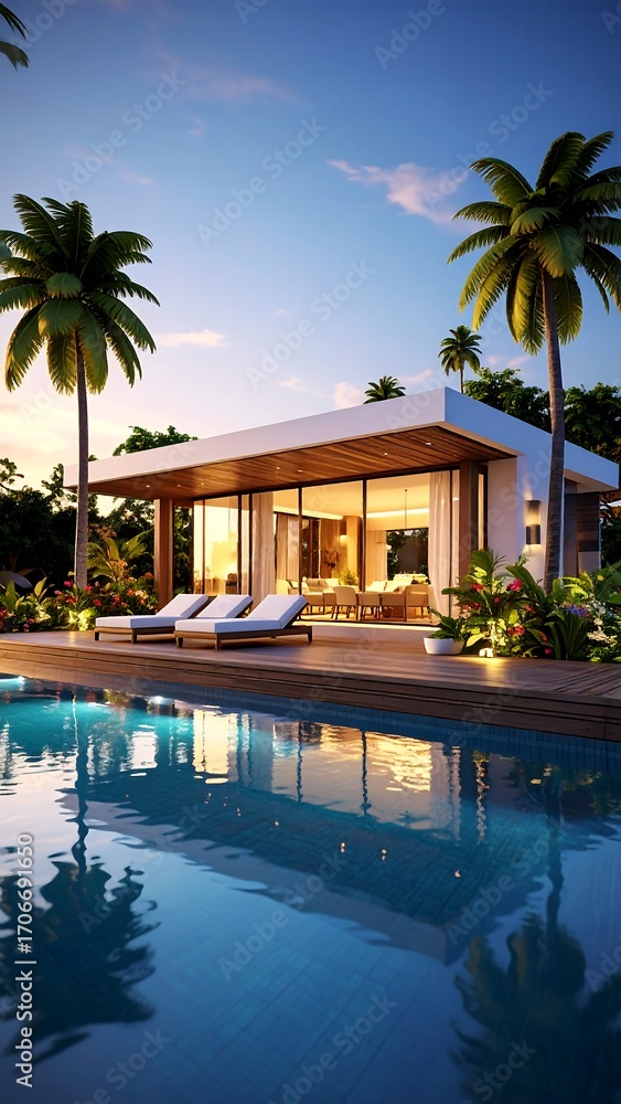 Fototapeta premium Tropical luxury villa by a pool at sunset