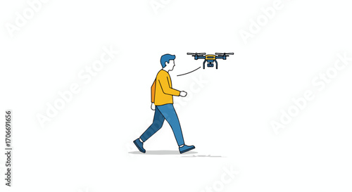 Illustrated scene of a man walking with a drone, showcasing modern lifestyle and technology in a minimal and clean design