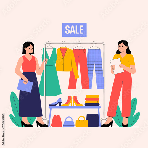 Excited shoppers discover amazing deals on trendy fashion and accessories during a vibrant retail sale event, grabbing stylish clothing and bags.