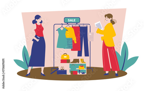 Excited shoppers discover amazing deals and stylish fashion finds at a vibrant sale event, grabbing bargains and updating their wardrobes with fashionable clothes and accessories.