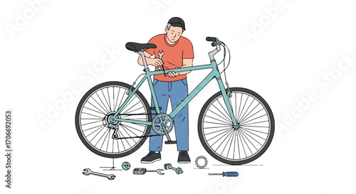 Illustrative depiction of a man in casual wear carefully repairing a bicycle with tools scattered around it against a white backdrop