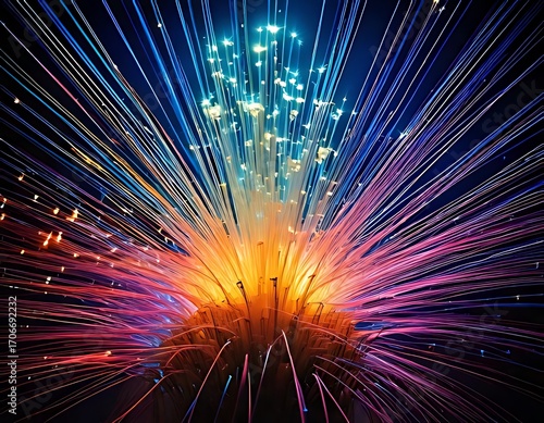 Vibrant flower-like structure of glowing fiber optics