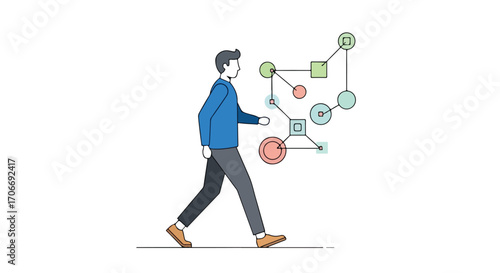 Conceptual depiction of walking while contemplating network diagram connections, a modern visual representation of problem solving for innovation