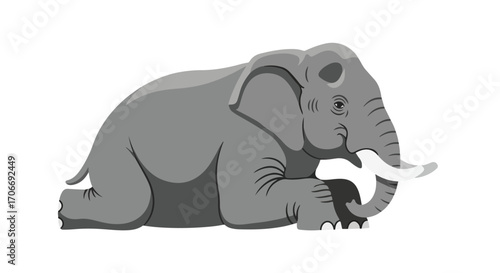 Stylized cartoon elephant illustration, depicted in a relaxed, resting posture on a plain white backdrop, exudes a sense of serenity and peacefulness