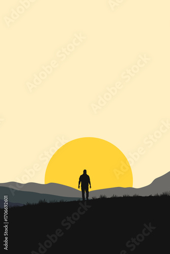 Man Silhouette at Sunrise on Mountain – Adventure, Journey and Landscape Vector Illustration