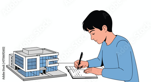 Sketching Architectural Designs: A Young Architect's Creative Process in Visualizing Modern Building Concepts