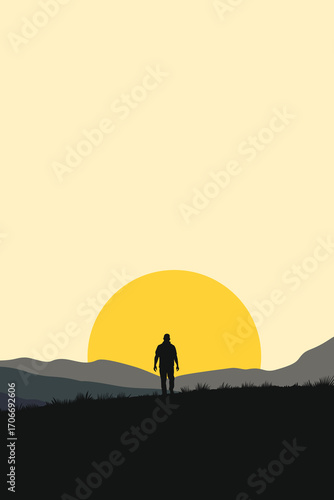 Man Silhouette at Sunrise on Mountain – Adventure, Journey and Landscape Vector Illustration
