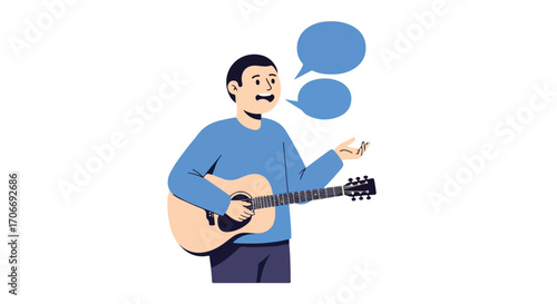 Acoustic guitar player in casual blue attire communicates with speech bubbles illustrating musical expression and engagement, promoting artistic