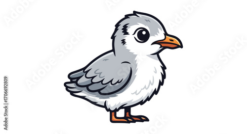 Charming cartoon illustration of a young seagull chick, isolated against white showcasing detailed feathering and expressive eyes