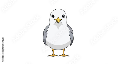 Charming depiction of a cartoon seagull standing alert, embodying coastal innocence and stylized simplicity with bright eyes and distinctive features
