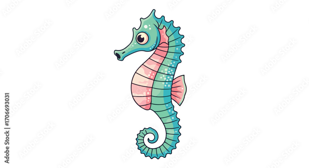 Fototapeta premium A charming cartoon seahorse with whimsical colors and delightful details against a stark white backdrop drawing attention