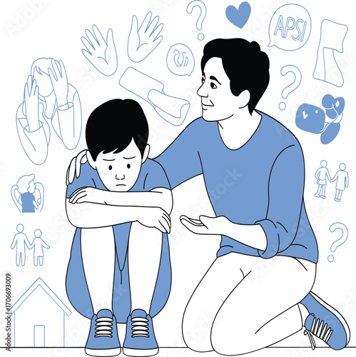 Compassionate adult comforting a sad child, offering support and understanding amidst symbolic representations of challenges and care
