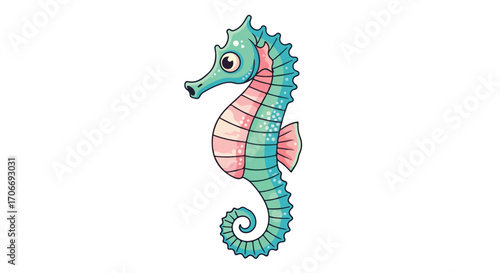 A charming cartoon seahorse with whimsical colors and delightful details against a stark white backdrop drawing attention