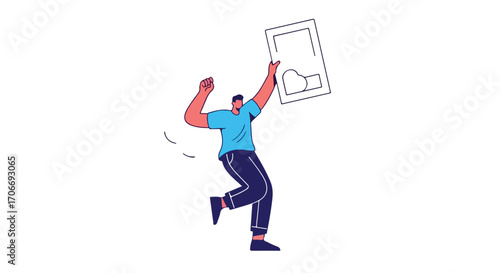 Excited man holding sim card aloft, celebrating connectivity with glee and cheerful energetic gesturing and motion, conveying communication triumph