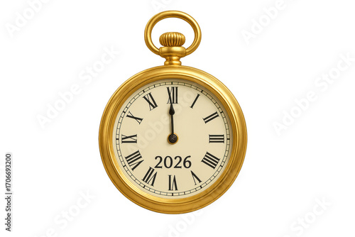 Golden pocket watch showing almost midnight and 2026 year on transparent background