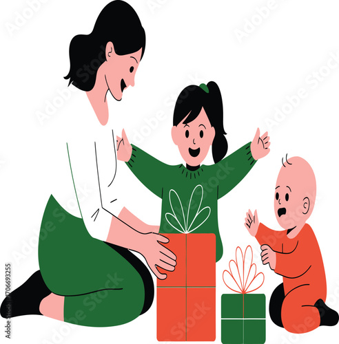 Joyful mother and children excitedly opening holiday presents together, creating cherished family memories during the festive season