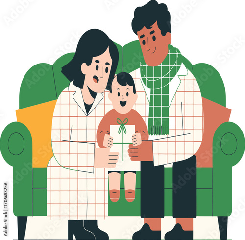 A joyful family moment, sharing a precious gift on a cozy sofa, celebrating love and togetherness with warmth and affection.