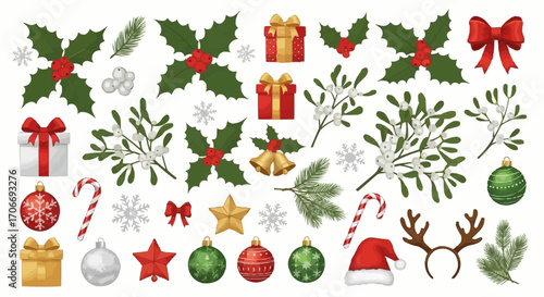 Christmas icon christmas holiday vector elements collection with gift boxes holly mistletoe ornaments and festive decorations vector