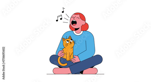Illustration of joyful woman singing with her pet cat, musical notes floating above her head illustrating the sound she produces