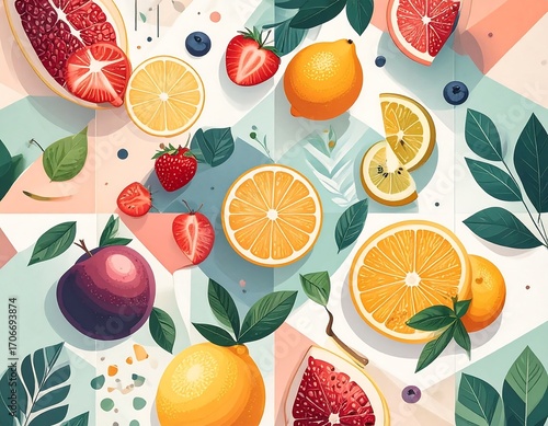Vibrant fruit pattern with geometric shapes