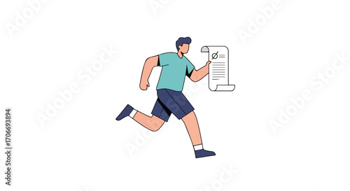 Energetic man running with important document in hand, deadline urgency presented, flat design, isolated