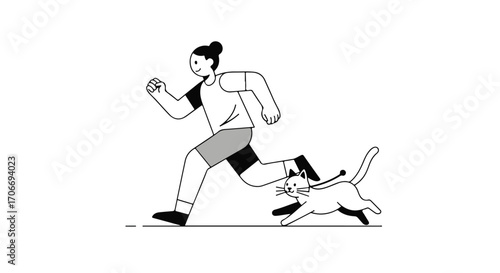 Animated runner with feline companion in black and white evoking energy and companionship through simple linework and dynamic movement captured in