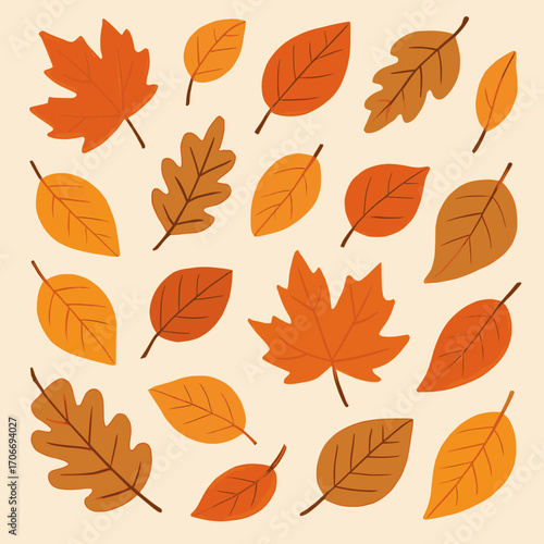 Flat vector illustration of falling autumn leaves in various shapes and colors