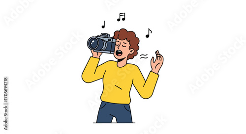 A musical photographer singing into their camera, a passion for capturing moments and creating melodies blending art and technology into one