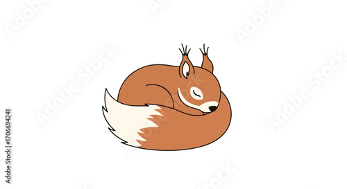 Stylized illustration of a curled-up, sleeping squirrel against a white background showing peacefulness and rest, creating a gentle and calming