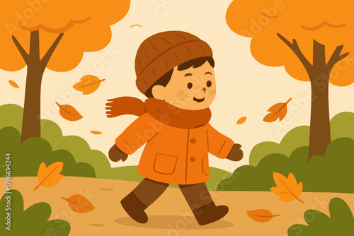 Flat vector illustration of a child wearing scarf and coat walking through autumn park