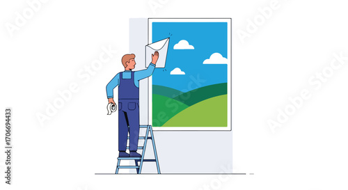 Illustration of a handyman installing a nature scene wallpaper on a wall with a ladder showcasing home improvement and interior design project