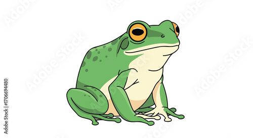 Charming Green Frog Illustration with Exaggerated Eyes and Cartoon Styling Sitting Isolated on a White Backdrop