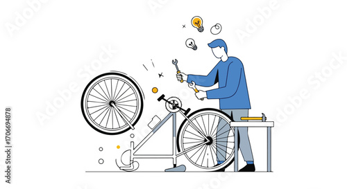 Innovative bicycle mechanic repairing bike with wrench, brainstorming ideas and solutions in the workshop, cycling service concepts