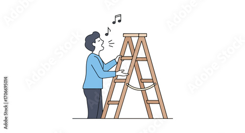 A person is standing next to a ladder, he seems to be singing happily in his spare time at home