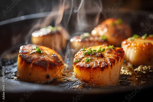 Close-up of perfectly seared scallops on sizzling pan with herbs and steam.