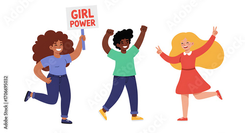 Diverse Group of Girls Celebrating Girl Power Cartoon