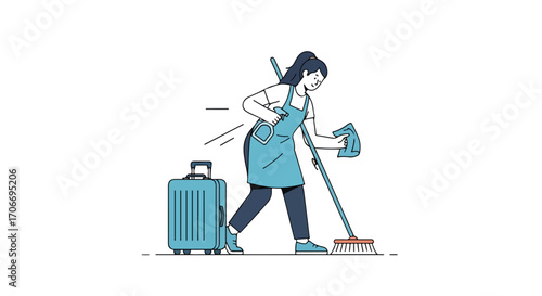 A Traveling Cleaner: Cartoon Illustration of a Woman Cleaning with Luggage Ready to Go Showcasing Cleanliness and Mobility