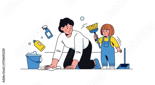 Captivating cartoon illustration depicting a mother and daughter collaboratively engaging in household chores with cleaning implements and supplies