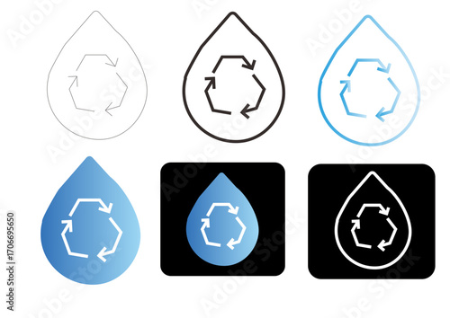 Various styles of water drop icons with the universal recycling symbol, promoting the concept of water reuse and eco-friendly practices