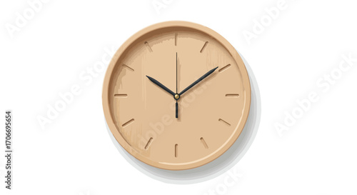 Elegant light brown clock with black hands indicating the time, minimalist design isolated on white backdrop