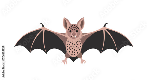 Whimsical chiroptera illustration with spread wings and spotted pattern for children books
