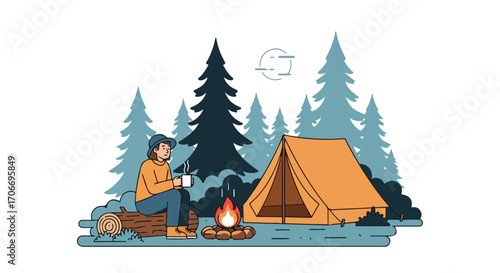 Peaceful solitude in the woods with a tent and a warm beverage around a crackling campfire illustration