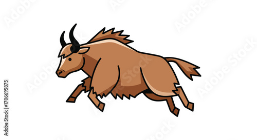 Energetic Running Yak Illustration with Bold Outline on Plain Background for Animal Design Projects