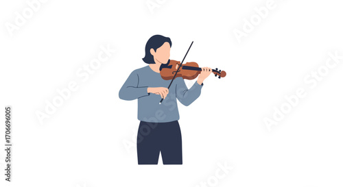 Faceless woman with bob hairstyle plays the violin in a minimalistic cartoon style isolated on white background for creative project illustration