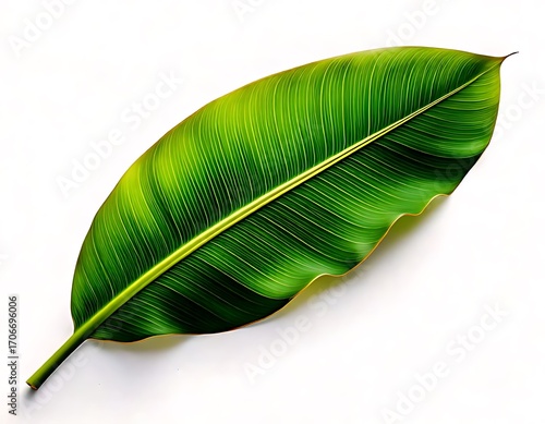 Vibrant green tropical leaf against white