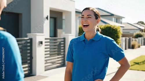 Happy young woman in blue polo shirt laughing joyfully while engaging in a friendly outdoor conversation symbolizing cheerful service and positive professional 