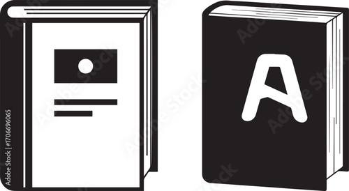 Black and White Books Illustration with Open Document and Letter A