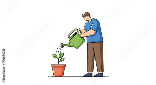 Illustration depicting a faceless person watering a potted plant with a watering can, symbolizing care and growth initiatives