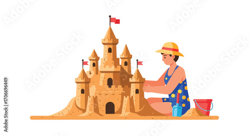 Illustrative sandcastle creation featuring a person on the beach with a bucket and shovel perfect for summer vacation fun