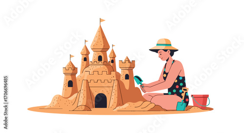 A cheerful summer scene featuring a woman building an intricate sandcastle on the beach, complete with turrets and flags, under a sunny sky in a